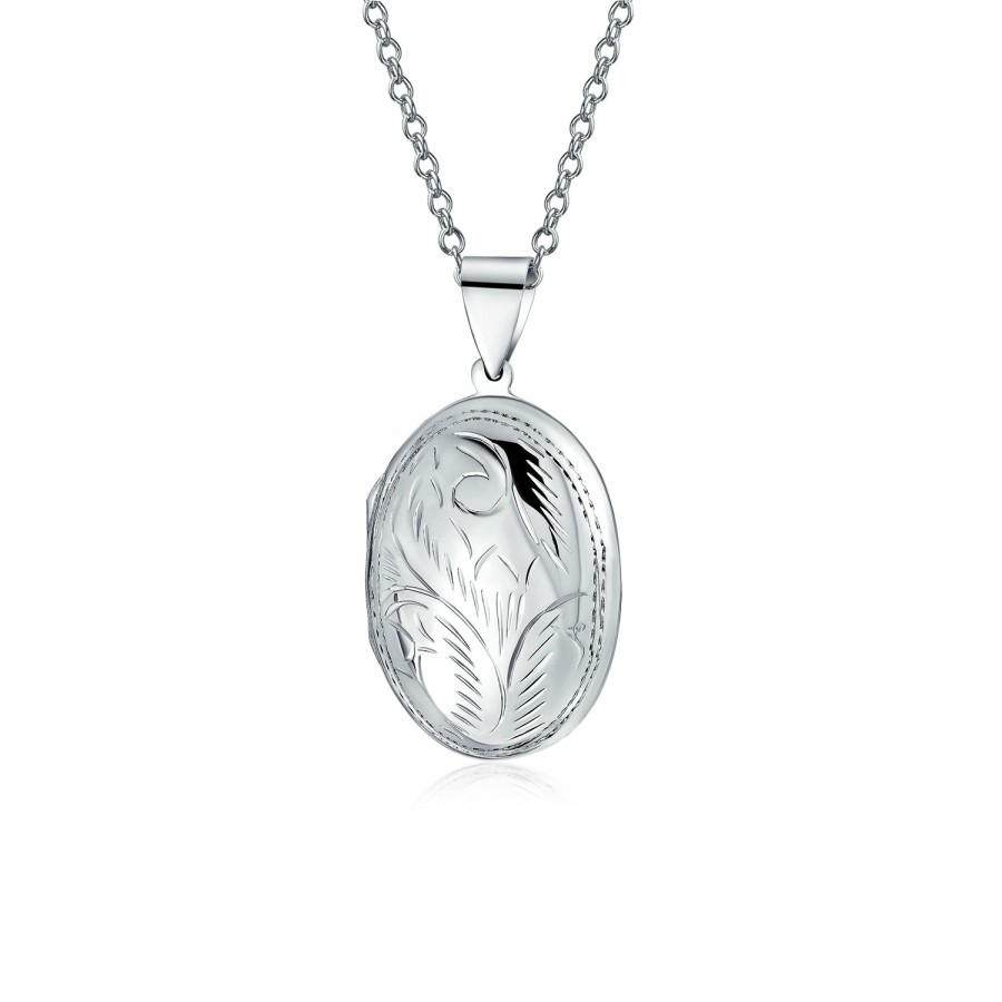 Shop Women Bling Jewelry Engravable Necklaces | Vintage Engraved Leaf Design Oval Locket Hold Pictures Sterling Silver