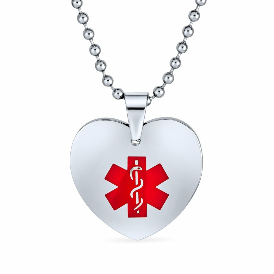 Shop Women Bling Jewelry Engravable Necklaces | Medical Alert Id Heart Shape Dog Tag Pendant Engravable Necklace