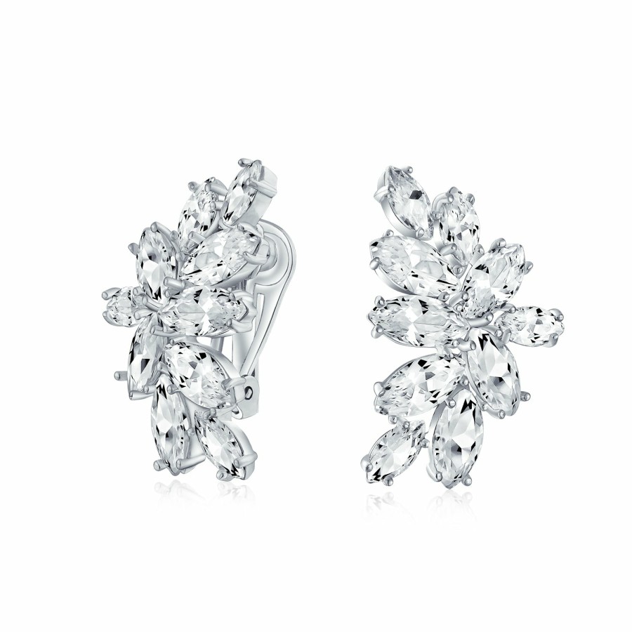 Shop Women Bling Jewelry Clip On Earrings | Bridal Teardrop Leaf Clusters Aaa Cz Clip-On Earrings Silver Plated