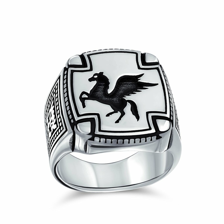 Shop Women Bling Jewelry Unique Rings | Mens Greek Horse Pegasus Signet Ring Oxidized .925Sterling Silver