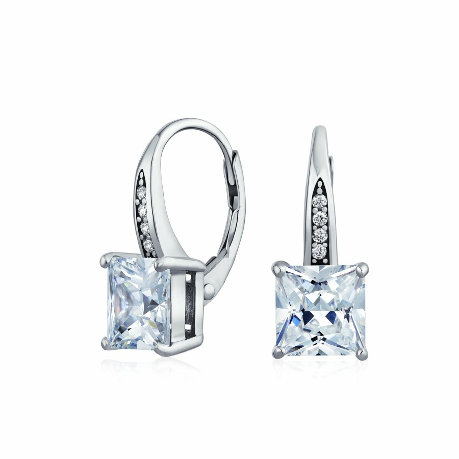 Shop Women Bling Jewelry Dangle Drop Earrings | Bridal Princess Cut Solitaire Square Aaa Cz Drop Earrings Leverback