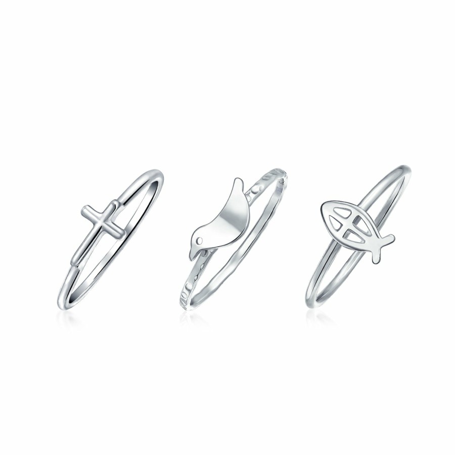 Shop Women Bling Jewelry Delicate Midi Rings | Dove Ichthys Fish Side Ways Cross Midi Ring Set Sterling Silver 1Mm