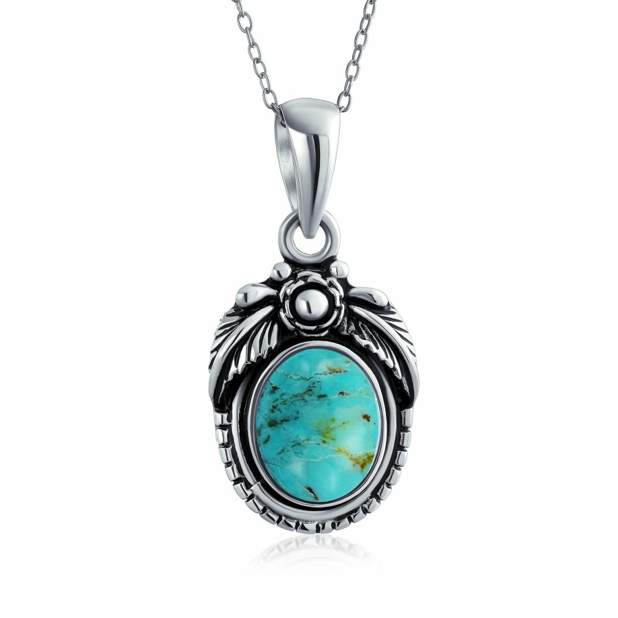 Shop Women Bling Jewelry Pendant Necklaces | Western Native American Style Turquoise Oval Leaf .925 Silver Pendant