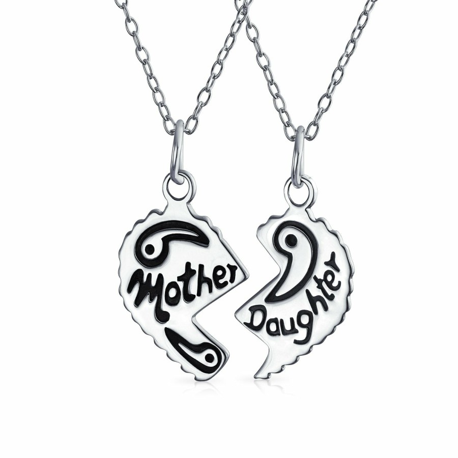 Shop Women Bling Jewelry Pendant Necklaces | Personalized Etched Mother Daughter Split Heart Break Apart 2 Pcs Gift Black Sterling Silver Necklace Custom