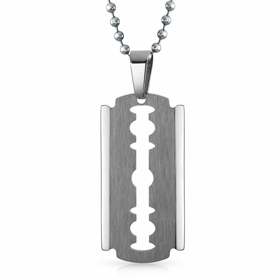 Shop Men Bling Jewelry Mens Engravable Necklaces | Razor Blade Dog Tag Necklace Pendant Silver Gold Edge Stainless