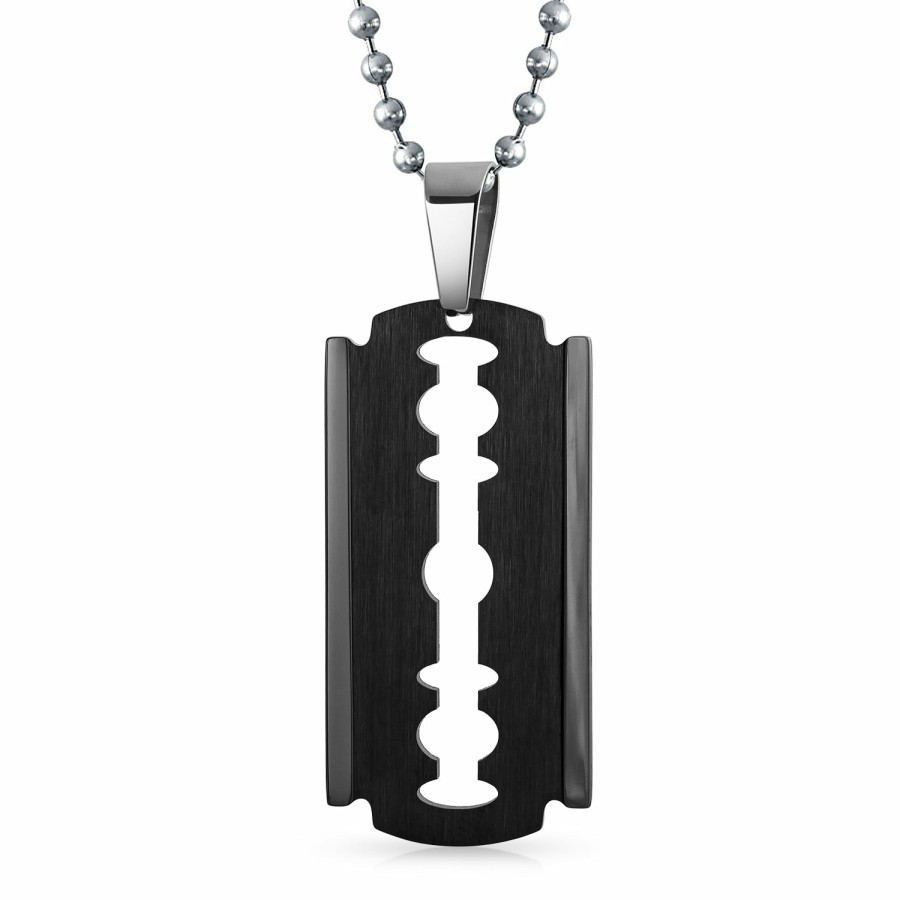 Shop Men Bling Jewelry Mens Engravable Necklaces | Razor Blade Dog Tag Necklace Pendant Silver Gold Edge Stainless