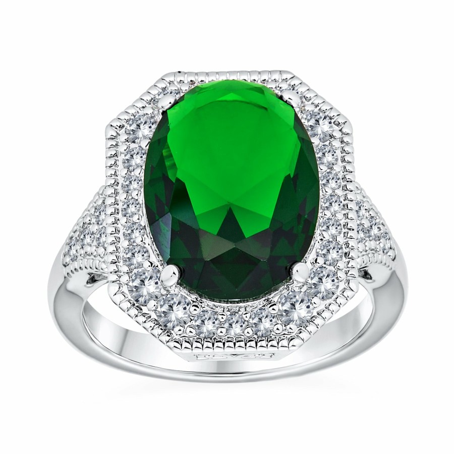 Shop Women Bling Jewelry Engravable Rings | Vintage Large Oval Cz Estate Emerald Cut Statement Cocktail Ring Green