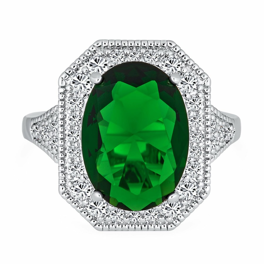 Shop Women Bling Jewelry Engravable Rings | Vintage Large Oval Cz Estate Emerald Cut Statement Cocktail Ring Green