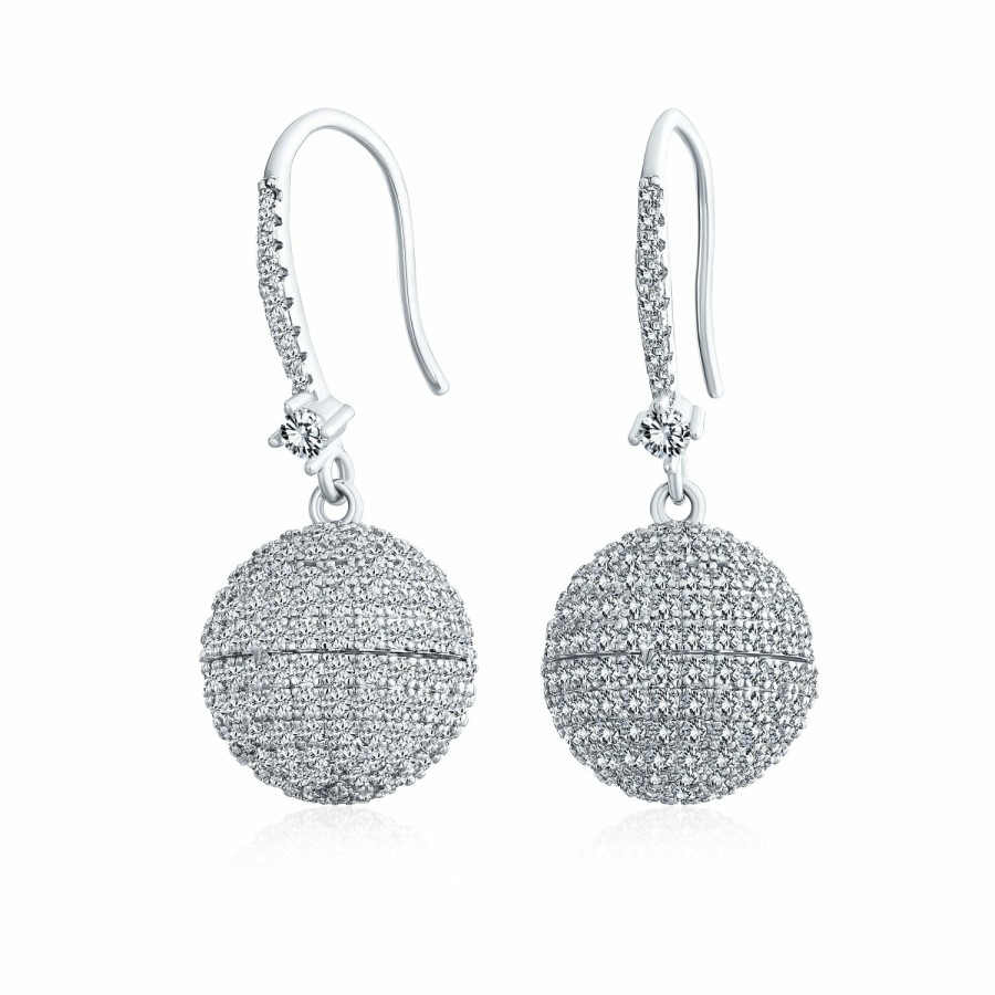 Shop Women Bling Jewelry Dangle Drop Earrings | Disco Ball Drop Pave Cz Statement Prom Earrings Round Silver Plated