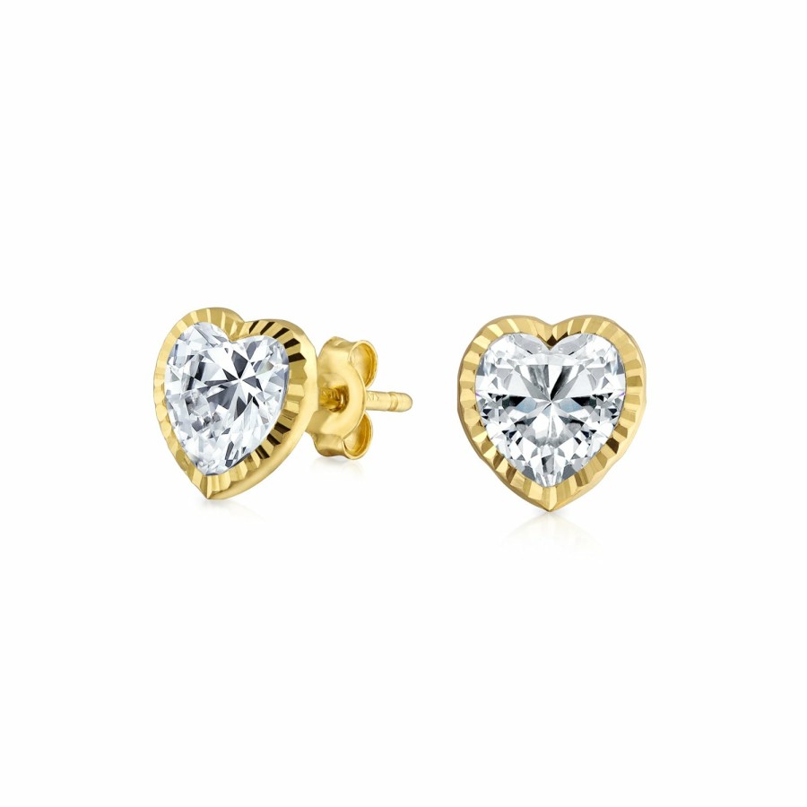 Shop Women Bling Jewelry Stud Earrings | Real 14K Yellow Gold Heart Cubic Zirconia Textured Cz Stud Earrings