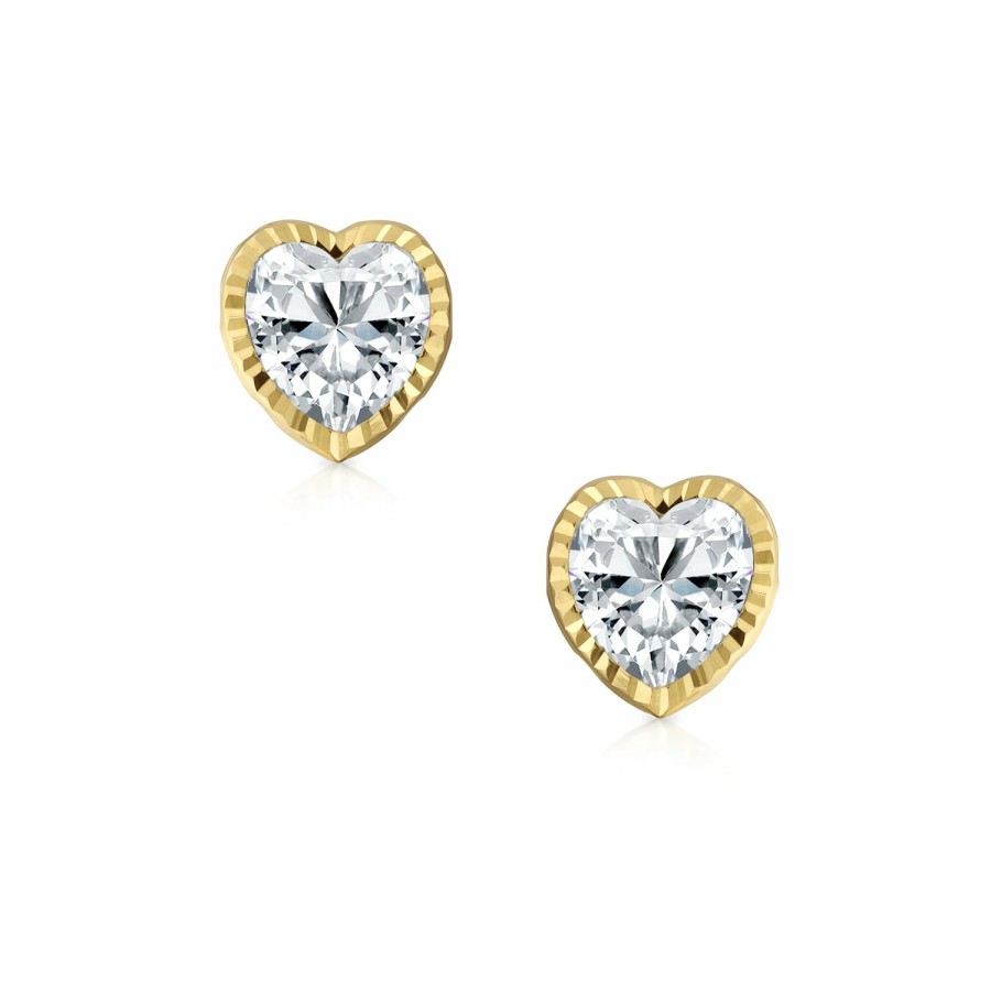 Shop Women Bling Jewelry Stud Earrings | Real 14K Yellow Gold Heart Cubic Zirconia Textured Cz Stud Earrings