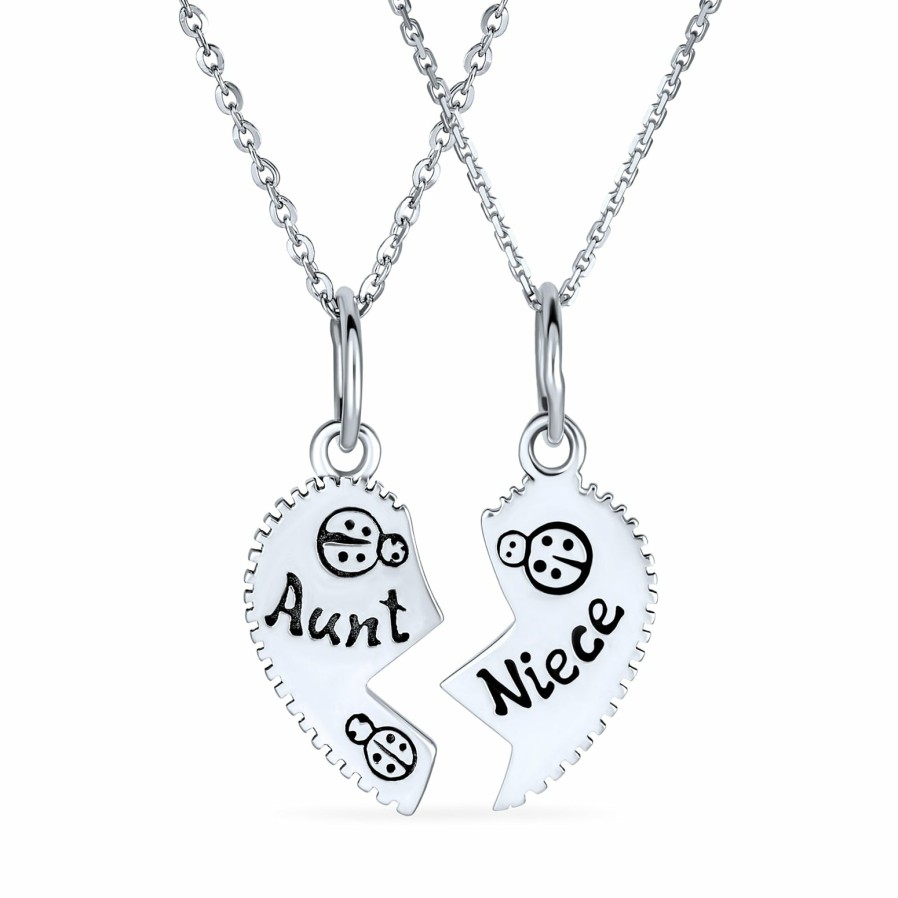 Shop Women Bling Jewelry Engravable Necklaces | Aunt Niece Split Heart Break Apart Lady Bug Sterling Necklace Silver