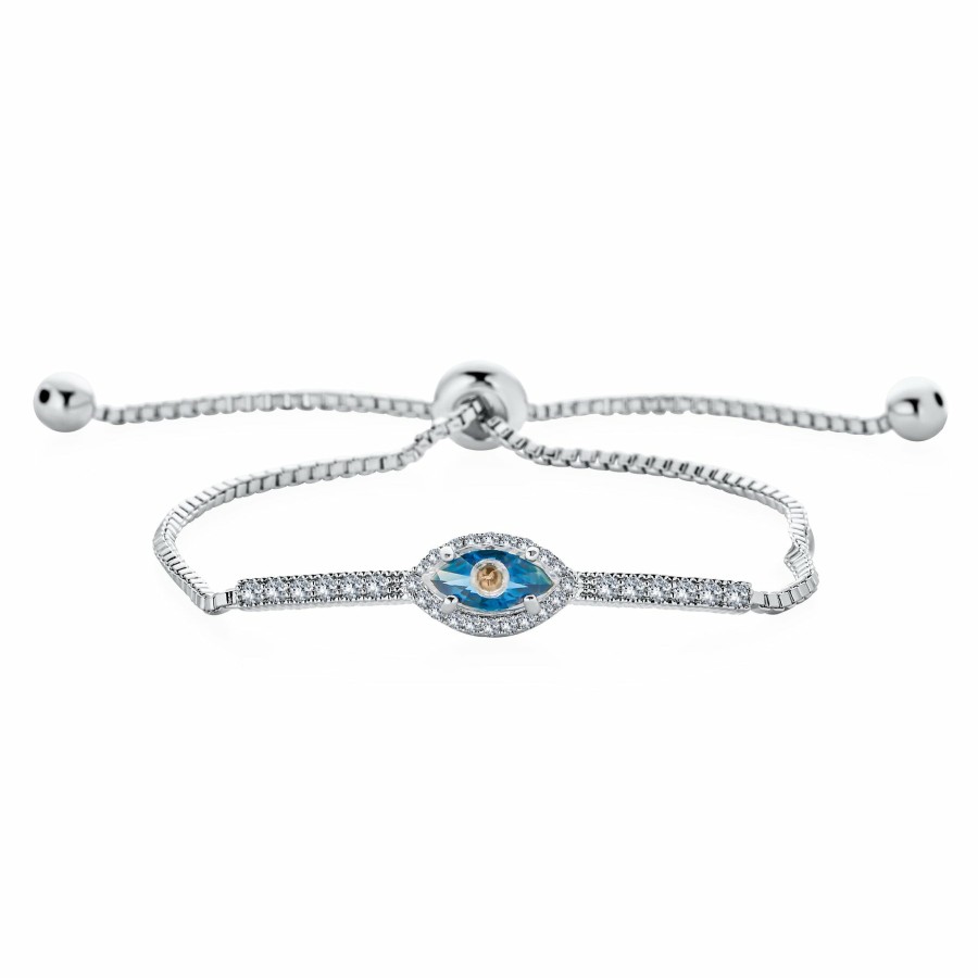 Shop Women Bling Jewelry Delicate Bracelets | Spiritual Protection Pave Cz Halo Blue Evil Eye Charm Bolo Style Bracelet