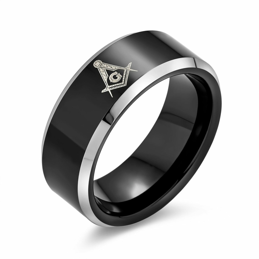 Shop Men Bling Jewelry Mens Rings | Laser Etched Freemason Masonic Compass Band Titanium Ring 8Mm Black