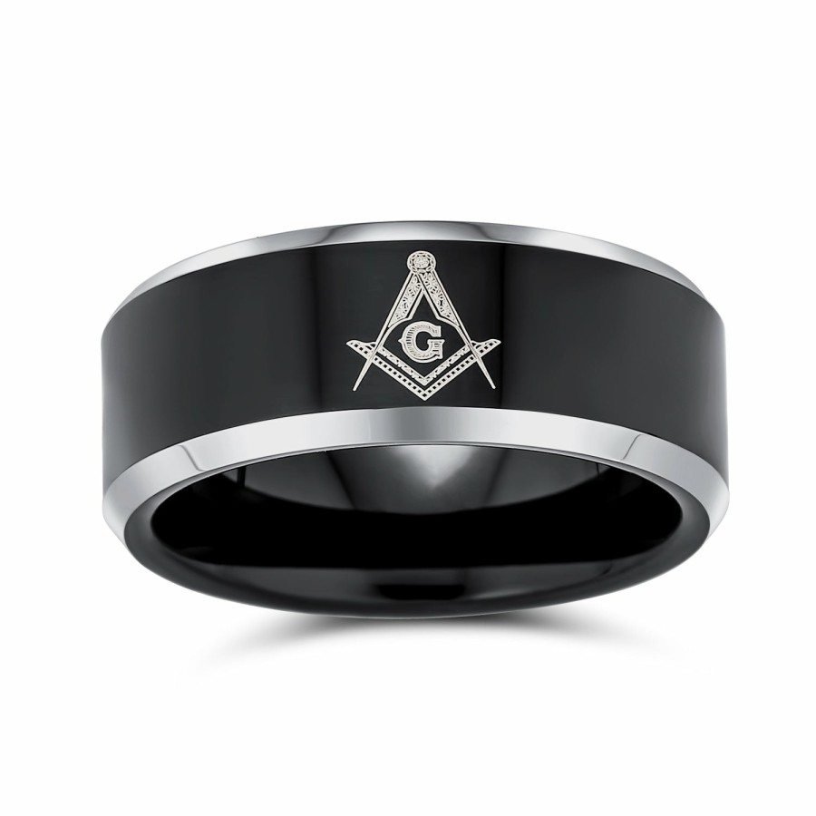 Shop Men Bling Jewelry Mens Rings | Laser Etched Freemason Masonic Compass Band Titanium Ring 8Mm Black