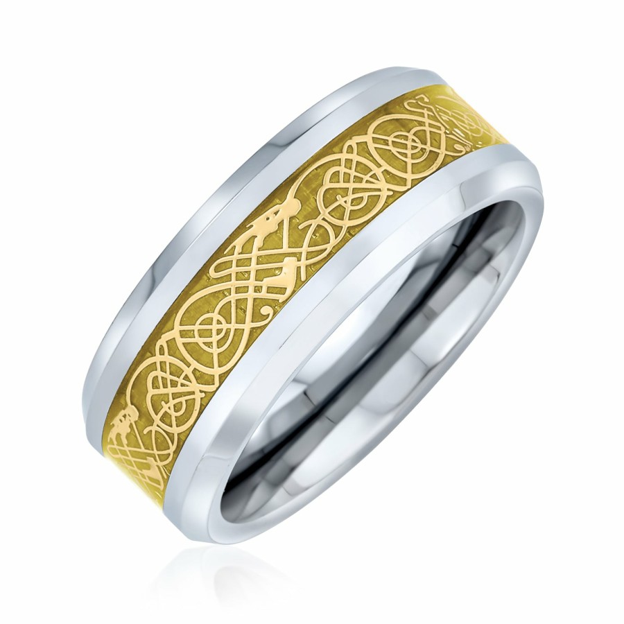 Shop Men Bling Jewelry Mens Rings | Two Tone Celtic Dragon Inlay Silver Gold Titanium Wedding Band Ring