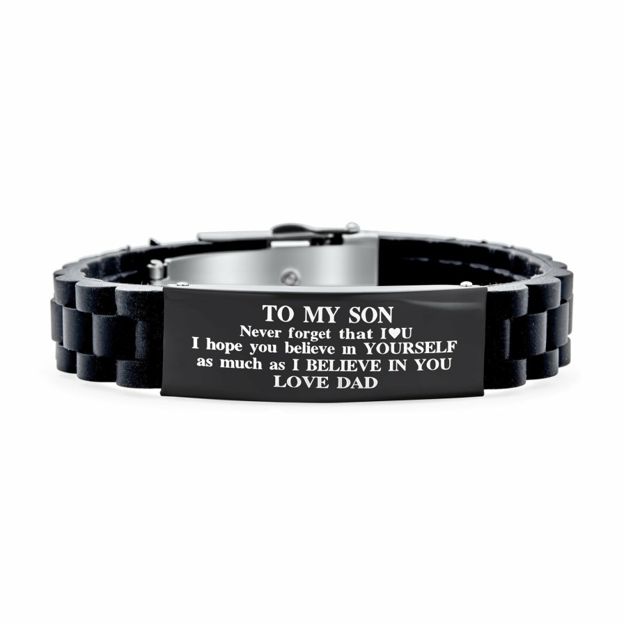 Shop Men Bling Jewelry Mens Engravable Bracelets | To My Son Inspirational Id Bracelet Steel Trim-To-Fit Silicone Black