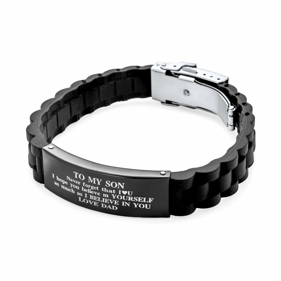 Shop Men Bling Jewelry Mens Engravable Bracelets | To My Son Inspirational Id Bracelet Steel Trim-To-Fit Silicone Black