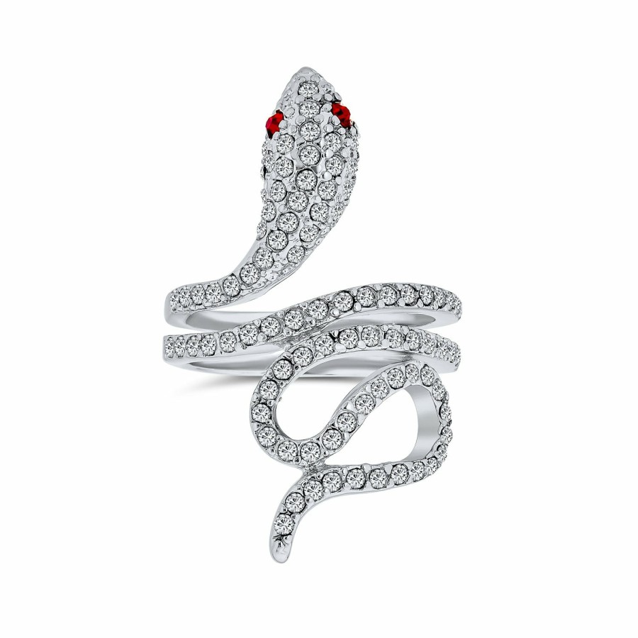 Shop Women Bling Jewelry Statement Cocktail Rings | Spiral Wrap Serpent Snake Ring Red Eye Pave Cz Silver Plated Brass