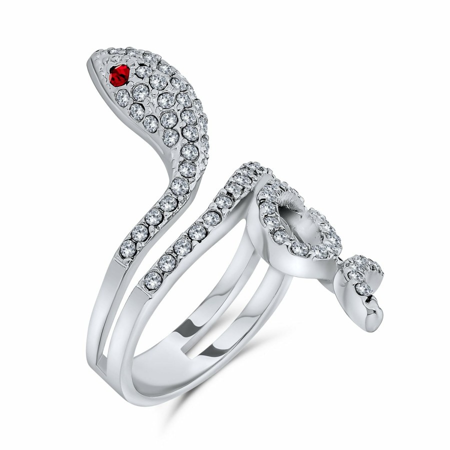 Shop Women Bling Jewelry Statement Cocktail Rings | Spiral Wrap Serpent Snake Ring Red Eye Pave Cz Silver Plated Brass