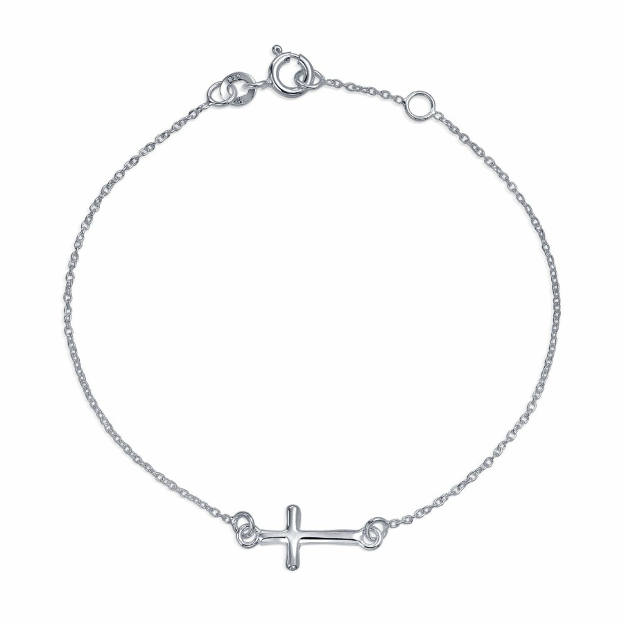 Shop Women Bling Jewelry Delicate Bracelets | Religious Horizonal Sideways Cross Bracelet Communion Sterling Silver