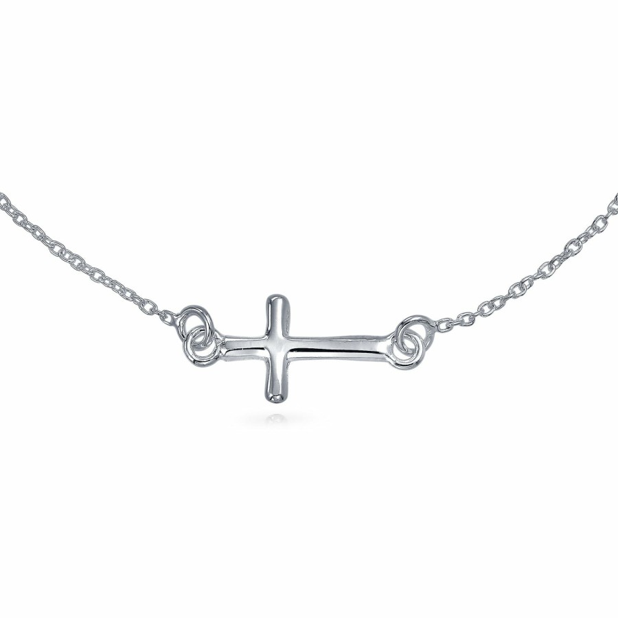 Shop Women Bling Jewelry Delicate Bracelets | Religious Horizonal Sideways Cross Bracelet Communion Sterling Silver