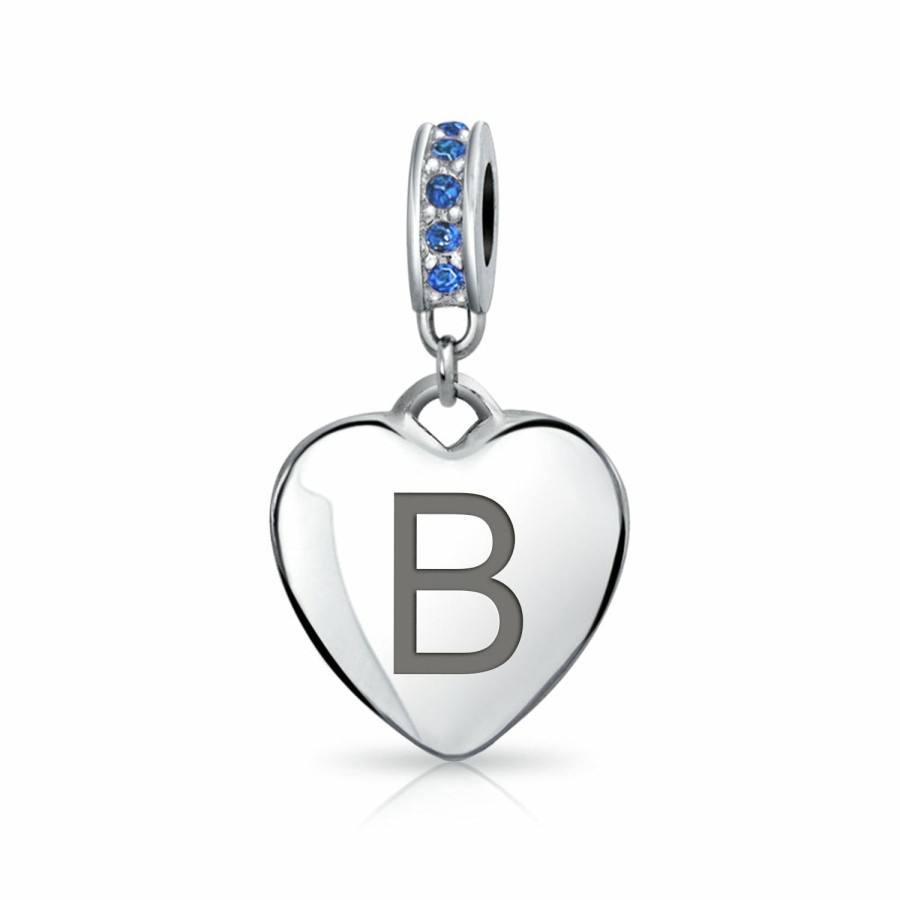 Shop Women Bling Jewelry Engravable Charms | Heart Dangle Bead Charm Crystal Blue December .925 Sterling Silver