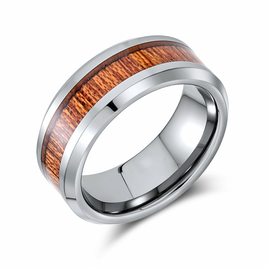 Shop Men Bling Jewelry Mens Rings | Wide Double Row Koa Wood Inlay Wedding Band Titanium Rings For Men 8Mm