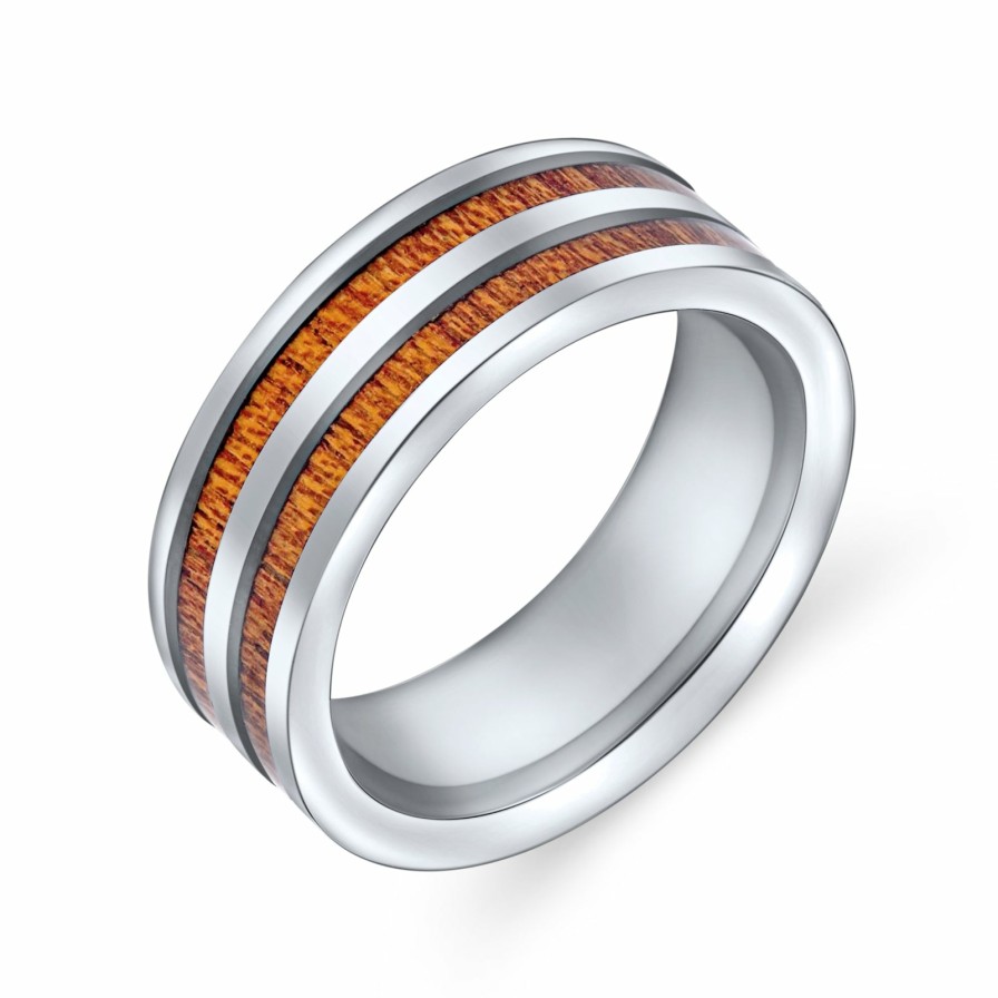 Shop Men Bling Jewelry Mens Rings | Wide Double Row Koa Wood Inlay Wedding Band Titanium Rings For Men 8Mm