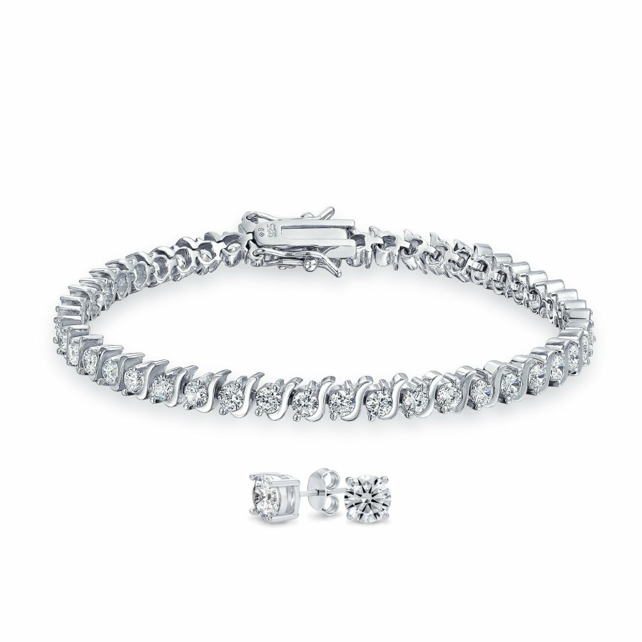 Shop Women Bling Jewelry Jewelry Sets | Bridal Wave S Link Aaa Cz Solitaire Tennis Bracelet Sterling 7"