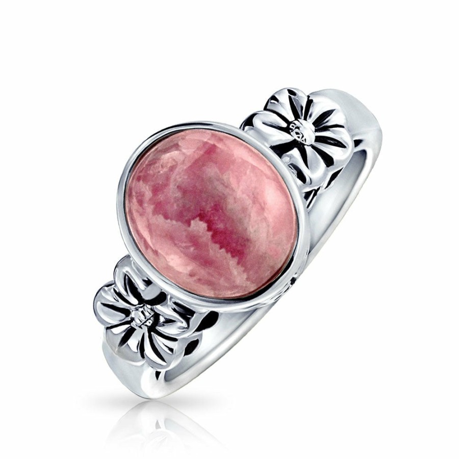 Shop Women Bling Jewelry Unique Rings | Flower Oval Pink Rhodochrosite Gemstone Ring Band .925 Sterling Silver