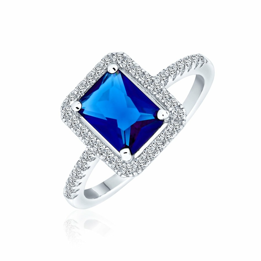 Shop Women Bling Jewelry Engagement Rings | 3Ct Cz Blue Imitation Sapphire Emerald Cut Engagement Ring .925 Silver