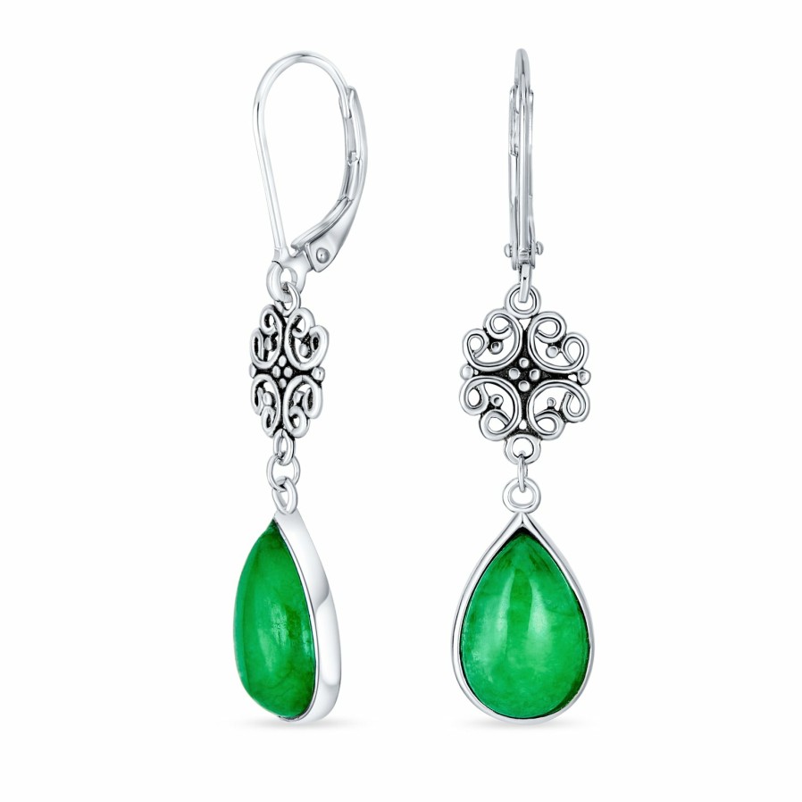 Shop Women Bling Jewelry Dangle Drop Earrings | Green Jade Filigree Teardrop Good Tune Dangle Earrings Sterling Silver