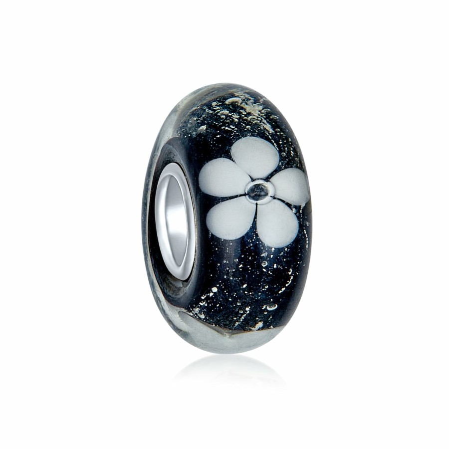 Shop Women Bling Jewelry Glass Crystal Beads | White Flower Murano Glass Spacer Bead Charm .925 Sterling Silver