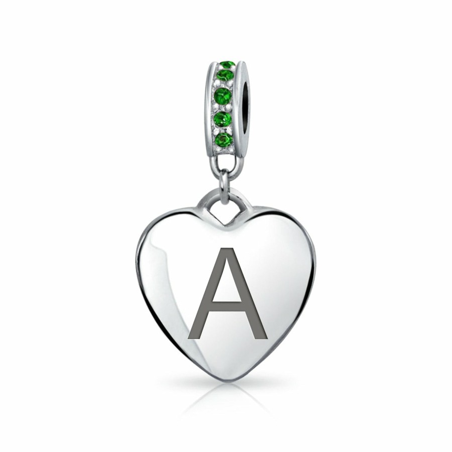 Shop Women Bling Jewelry Abc Initial | Heart Dangle Bead Charm Crystal Green Month May .925 Sterling Silver