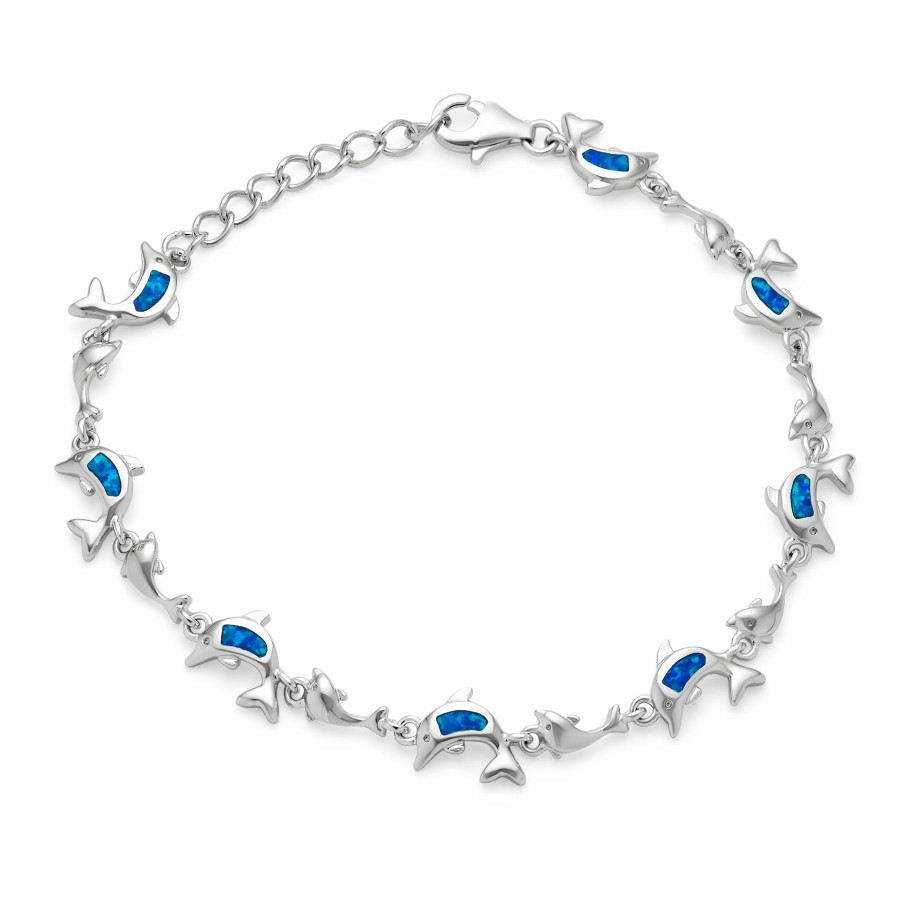 Shop Women Bling Jewelry Unique Bracelets | Dolphin Inlay Created Opal Charm Link Bracelet Sterling Silver