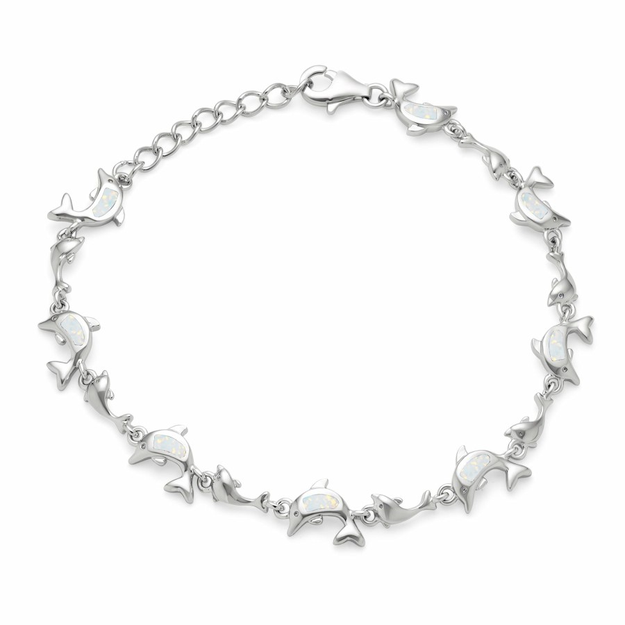 Shop Women Bling Jewelry Unique Bracelets | Dolphin Inlay Created Opal Charm Link Bracelet Sterling Silver