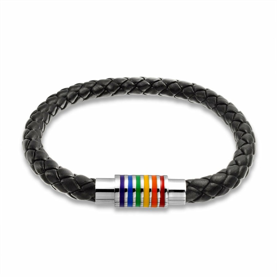 Shop Women Bling Jewelry Wrap Stretch Bracelets | Rainbow Gay Pride Braided Leather Bangle Bracelet Stainless Magnetic