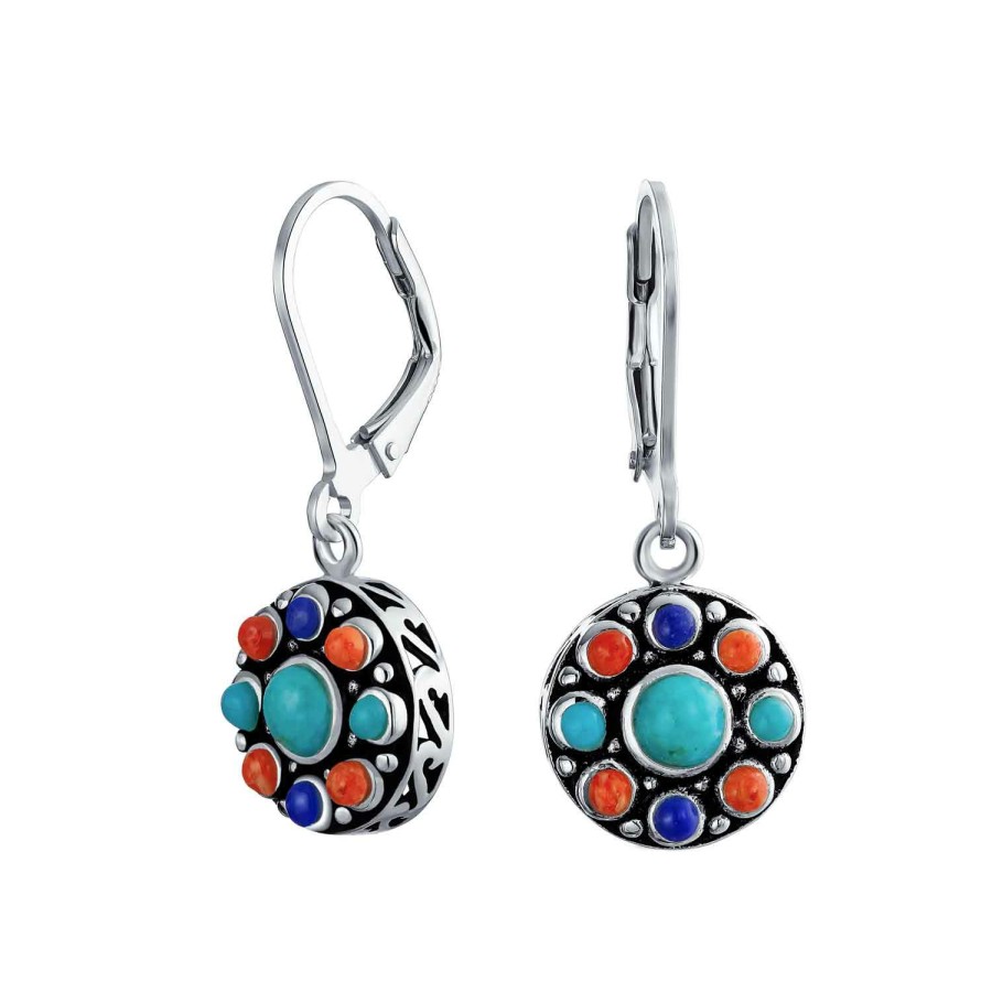 Shop Women Bling Jewelry Dangle Drop Earrings | Western Gemstone Turquoise Medallion Disc Dangle Earrings .925 Silver