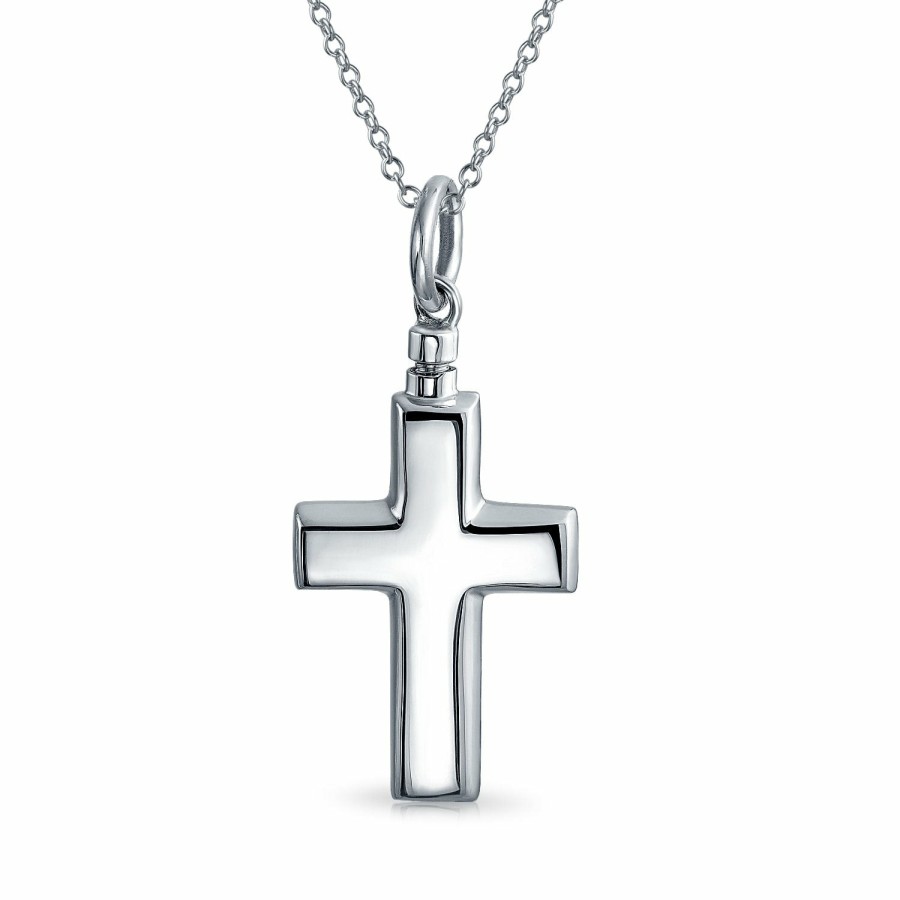 Shop Women Bling Jewelry Engravable Necklaces | Cremation Locket Urn Necklace Pendant Cross .925 Sterling Silver