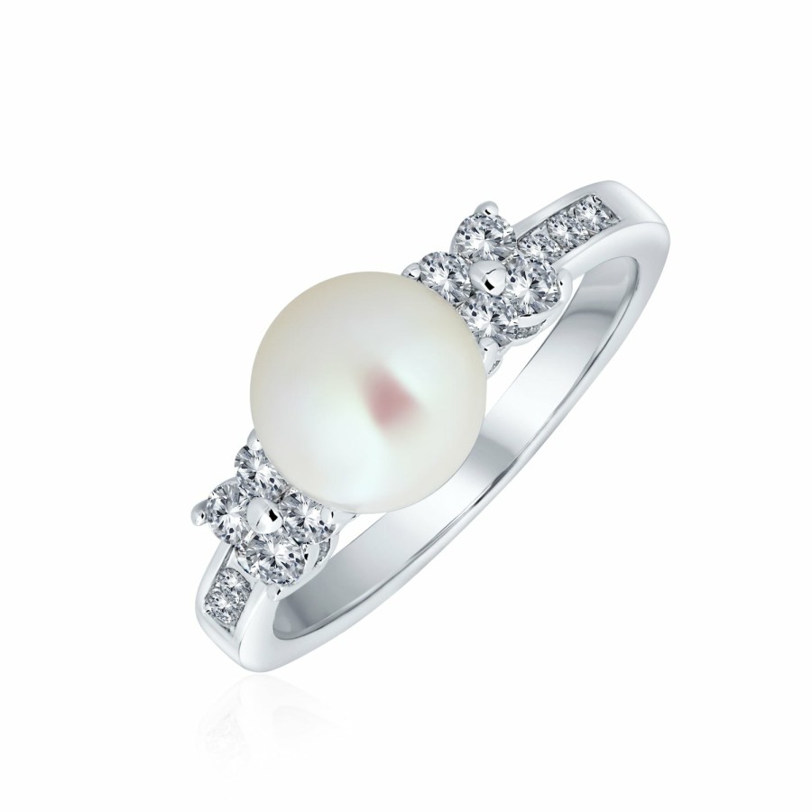 Shop Women Bling Jewelry Unique Rings | Bridal Cz Cultured White Pearl Solitaire Engagement Ring Plated Silver