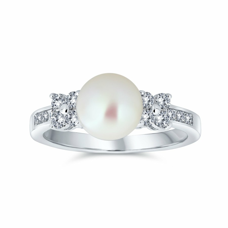 Shop Women Bling Jewelry Unique Rings | Bridal Cz Cultured White Pearl Solitaire Engagement Ring Plated Silver