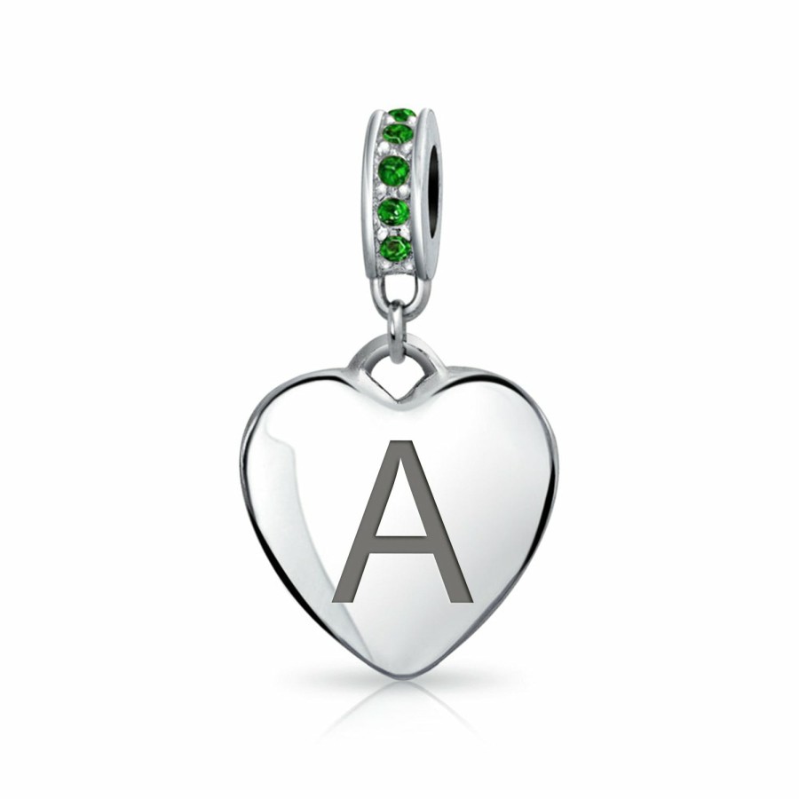 Shop Women Bling Jewelry Engravable Charms | Heart Dangle Bead Charm Crystal Green Month May .925 Sterling Silver