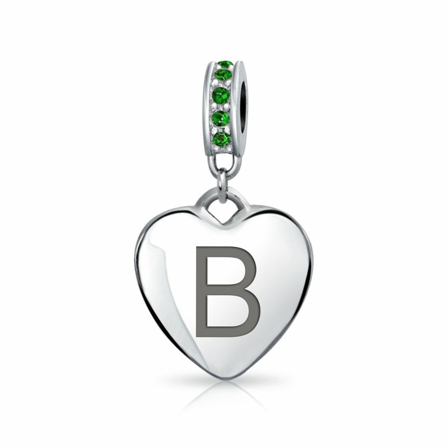 Shop Women Bling Jewelry Engravable Charms | Heart Dangle Bead Charm Crystal Green Month May .925 Sterling Silver