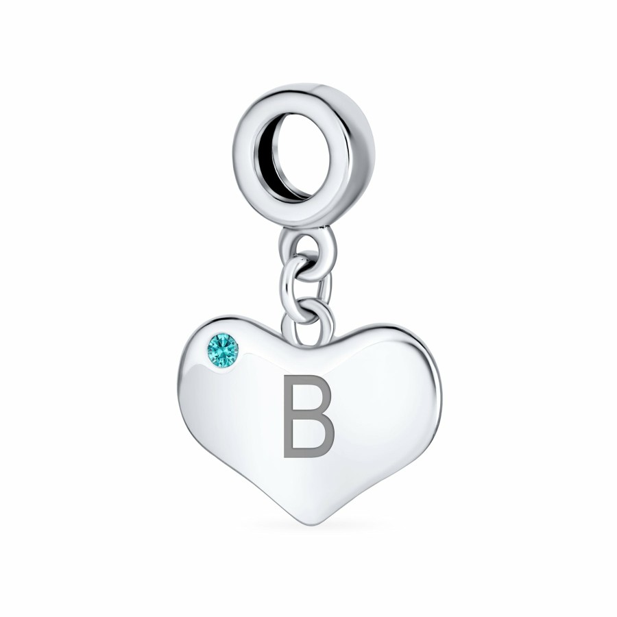 Shop Women Bling Jewelry Dangle Beads | Engravable Aqua Blue Crystal Heart Charm Bead .925 Sterling Silver