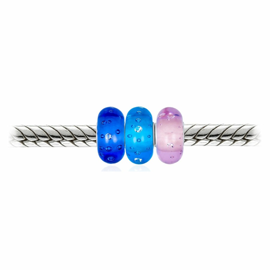 Shop Women Bling Jewelry Glass Crystal Beads | Transparent Aqua Blue Pink Bubble Glass Set Of 3 Silver Bead Charm