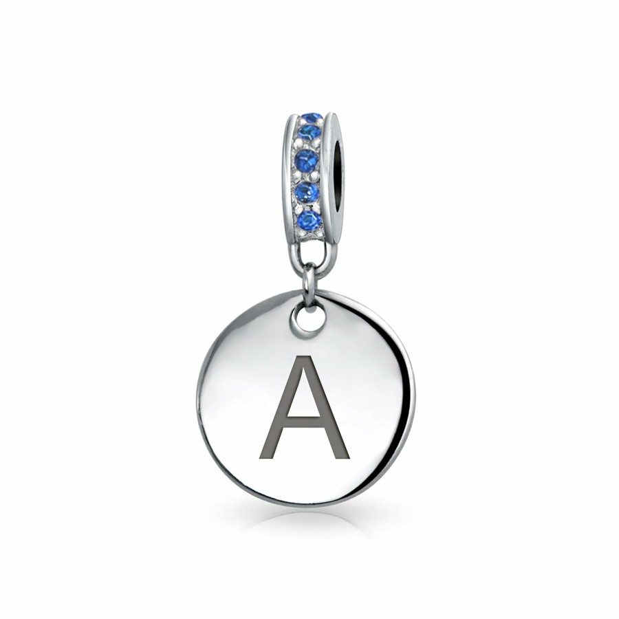 Shop Women Bling Jewelry Abc Initial | Blue Crystal Alphabet Initials Disc Dangle Circle Charm .925 Silver