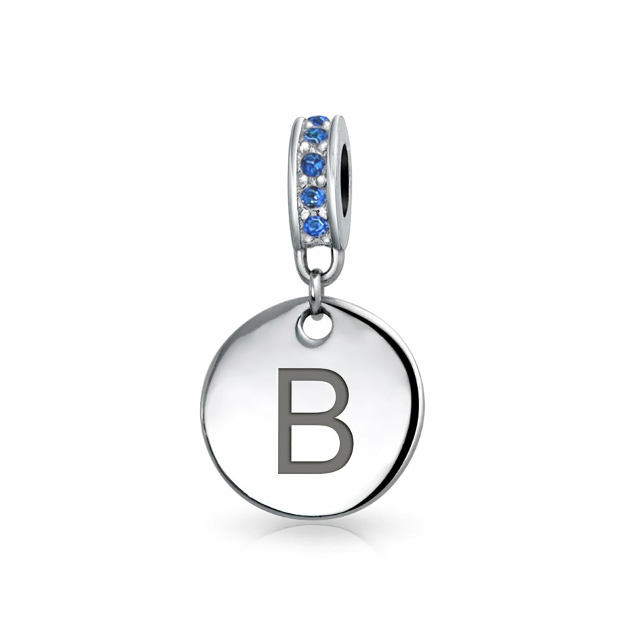 Shop Women Bling Jewelry Abc Initial | Blue Crystal Alphabet Initials Disc Dangle Circle Charm .925 Silver