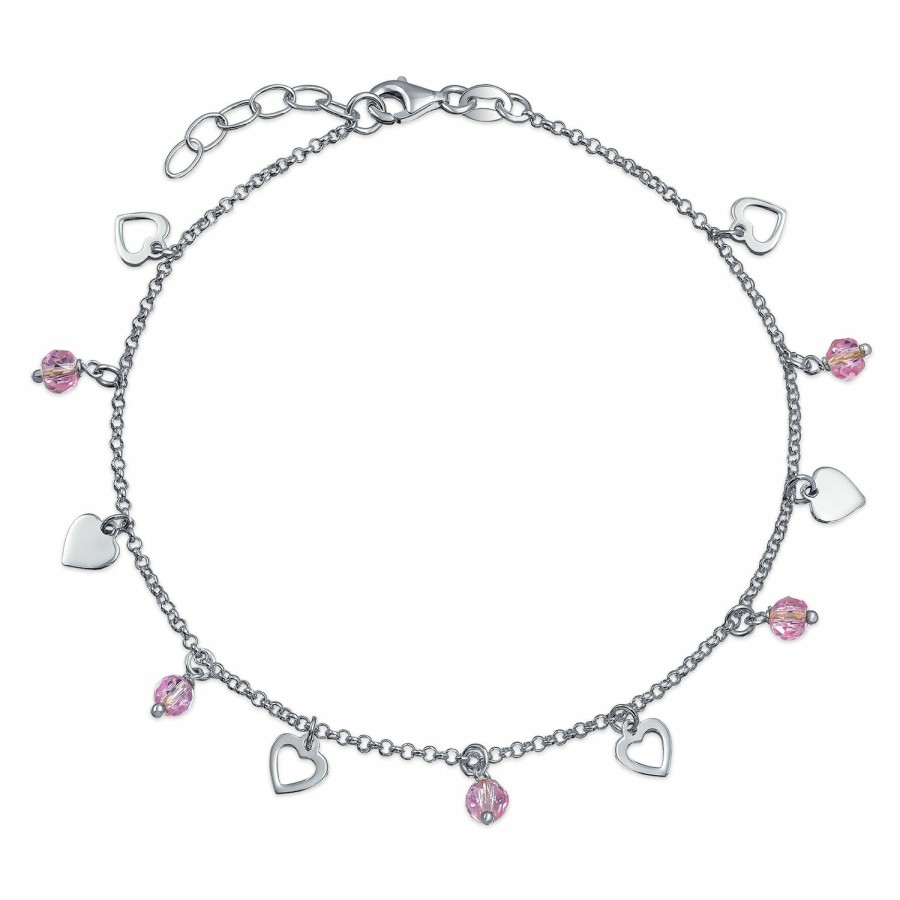 Shop Women Bling Jewelry Ankle Bracelets | Heart Crystal Pink Anklet Charms Anklet Sterling Silver 9 -10 In