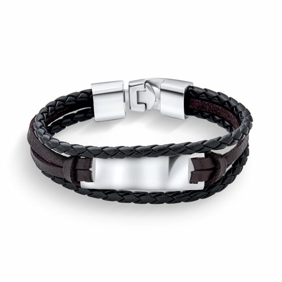 Shop Women Bling Jewelry Engravable Bracelets | Mens Black Brown Leather Multi Strand Identification Name Id Bracelet